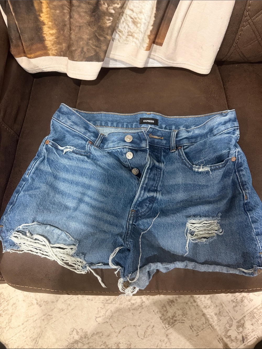Express Distressed High-Rise Denim Shorts - Blue